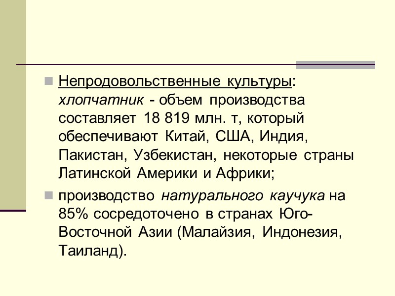 Непродовольственные культуры: хлопчатник - объем производства составляет 18 819 млн. т, который обеспечивают Китай,